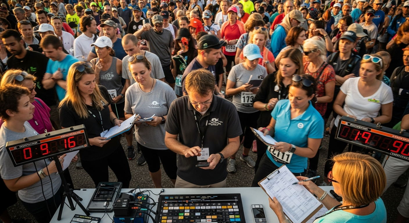 A stressed race director surrounded by spectators and volunteers, all competing for attention on race morning